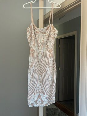 Windsor Blush Nude Mini Dress with White Lace Overlay